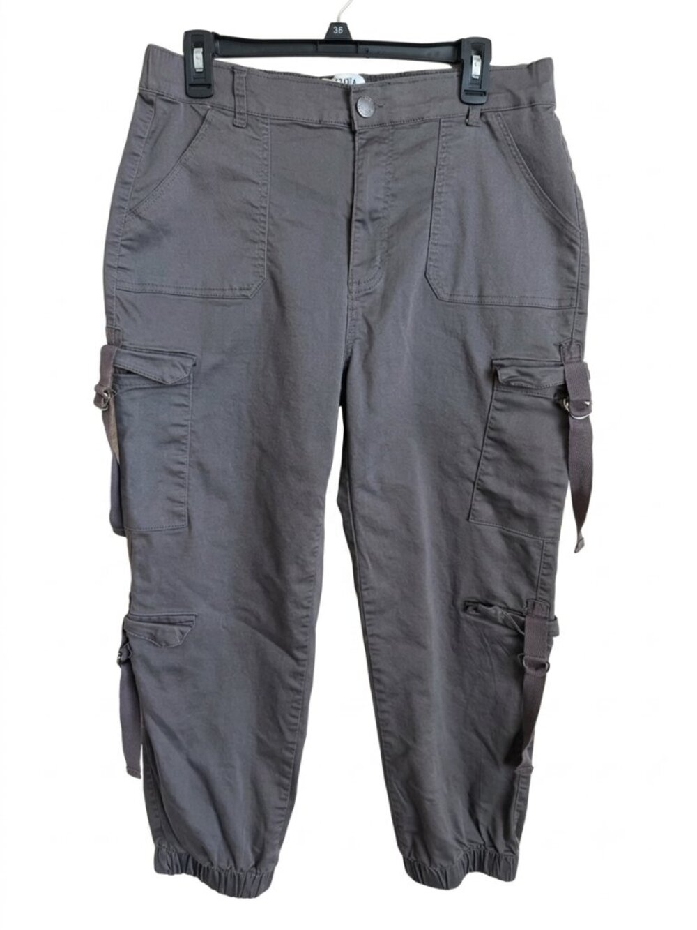 Gray Cargo Jogger Pants 17/33 Y2K Utility Buckle Strap Telepatia Elastic Cuff